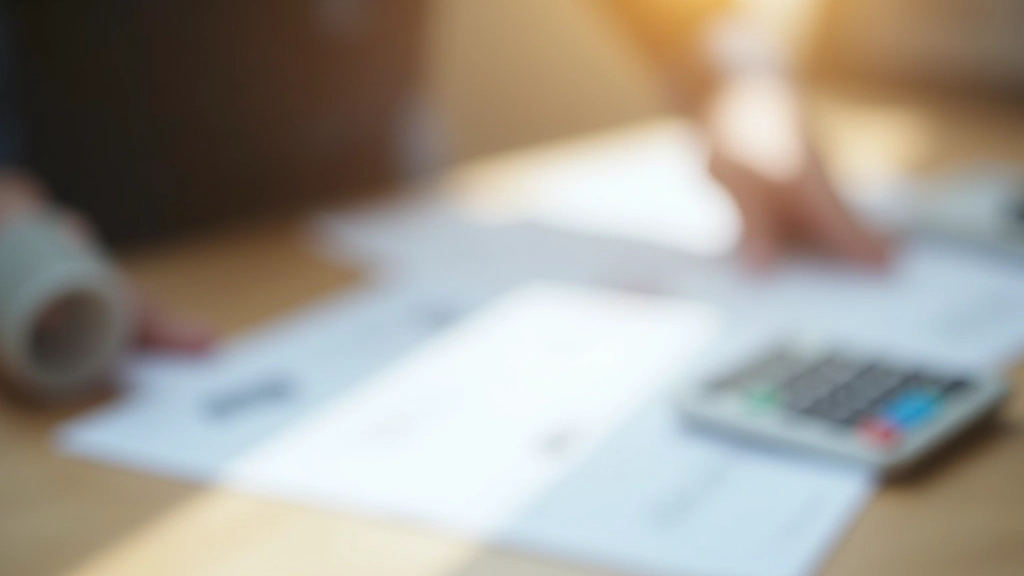 Documentos financeiros e gráficos espalhados sobre mesa de madeira com calculadora