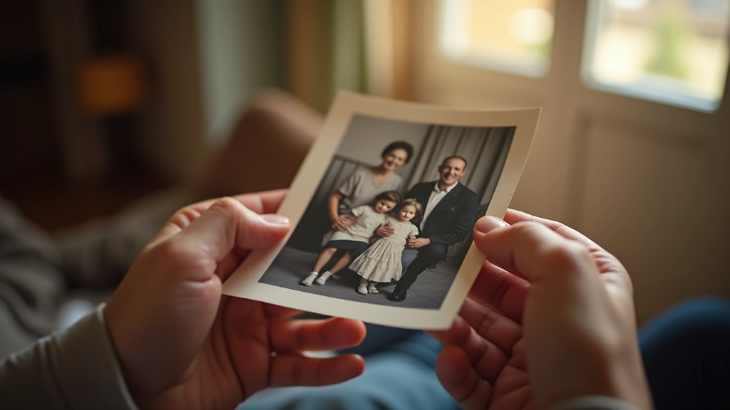 Mãos segurando fotografia antiga de família em ambiente doméstico acolhedor