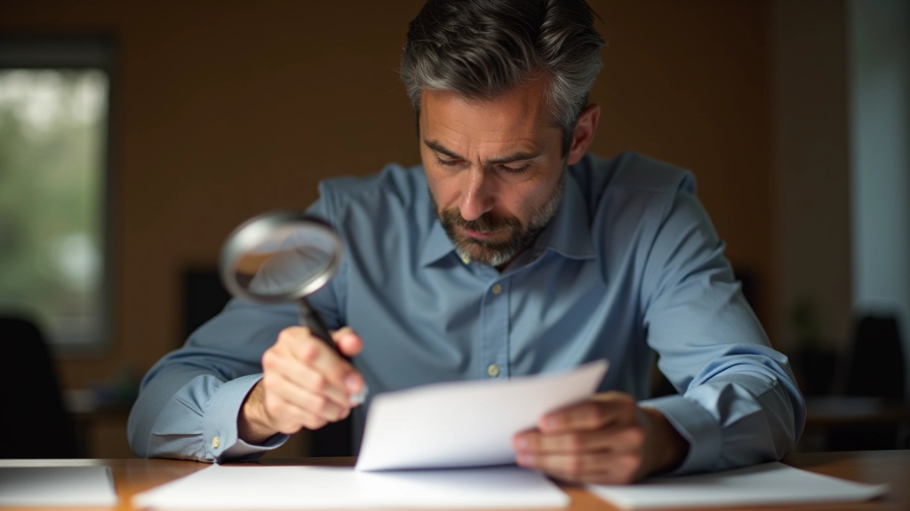 Homem consultando documento com lupa sobre mesa iluminada